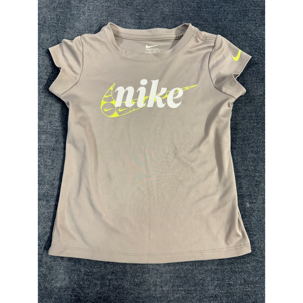 Nike Dri-FIT Girls Short Sleeve Graphic Tee Taupe Neon Yellow Size 6 M 5-6 YRS
